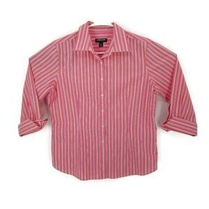 Kirkland Signature Womens Button Front Shirt Pink Stripe Stretch 3/4 Sleeve L